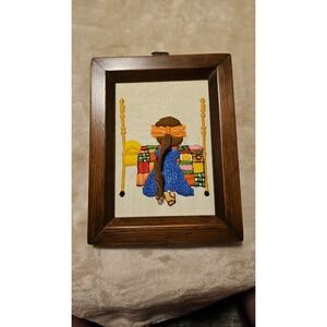 MCM Framed Little Girl, 70s Needlepoint Wall Art Framed 8x6 MID CENTURY MODERN